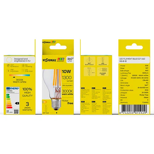 LED Filamenttipolttimo E27, A60, 10W, 1300lm, 3000K, 360°