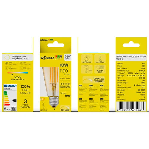 LED Himmennettävä filamenttivalo E27, ST64, 10W, 1100lm, 3000K, 360°, amber