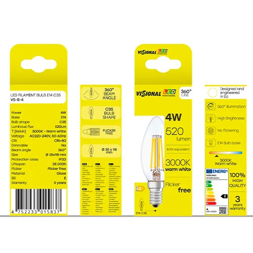 LED Filamenttipolttimo E14, C35, 4W, 520lm, 3000K, 360°