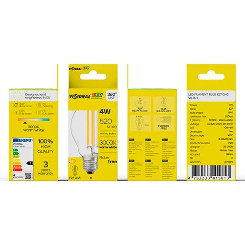 LED Filamenttipolttimo E27, G45, 4W, 520lm, 3000K, 360°