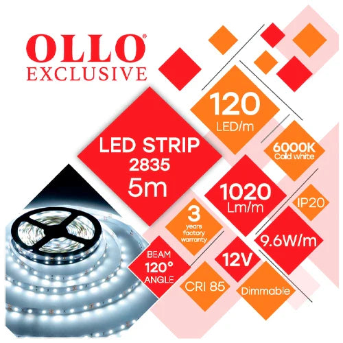 LED-nauha 5m, 9.6 W/m, 6000K, IP20, 12V, SMD2835