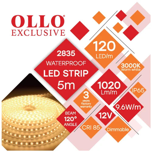 LED-nauha SMD2835, 3000K, IP65, 12V, 9.6W/m, 1020Lm/m