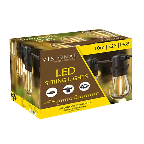 LED ulkoilma 10m valosarja puutarhaan ja terasseille E27 lamppuille, 20 lampunpidikettä, askel 50 cm