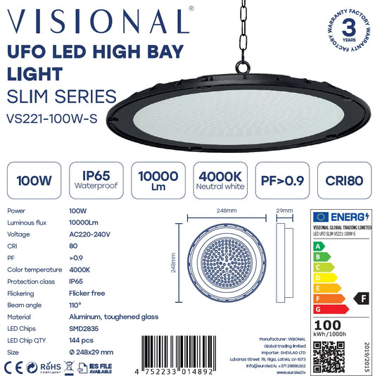 LED teollinen 100W valaisin UFO SLIM 10 000lm, 4000K, IP65