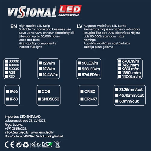 LED Kostean kestävä nauha COB 3000K, IP66, 12V, 14W