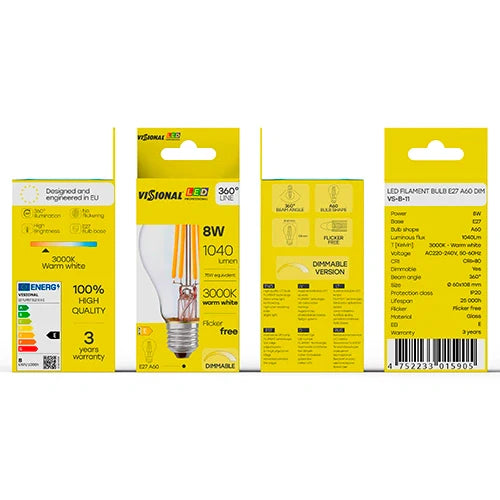 LED Himmennettävä filamenttivalo E27, A60, 8W, 1040lm, 3000K, 360°