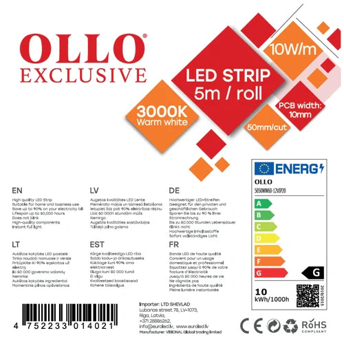 LED-nauha SMD5050, 3000K, IP20, 12V, 10W/m, 560Lm/m