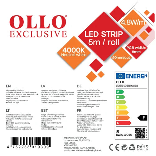 LED-nauha SMD2835, 4000K, IP20, 12V, 4.8W/m, 460Lm/m
