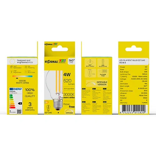 LED Himmennettävä filamenttipolttimo E27, G45, 4W, 520lm, 3000K, 360°