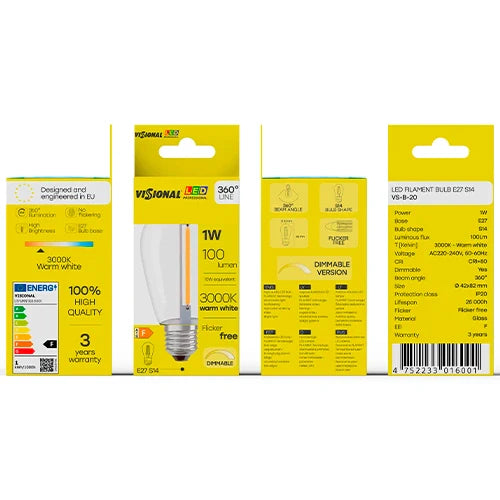 LED Himmennettävä filamenttipolttimo E27, S14, 1W, 100lm, 3000K, 360°