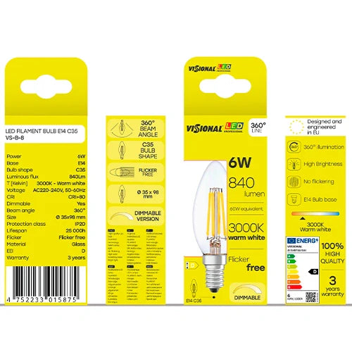 LED Himmennettävä filamenttipolttimo E14, C35, 6W, 840lm, 3000K, 360°