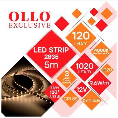 LED-nauha 2835, 4000K, IP20, 12V, 9.6W