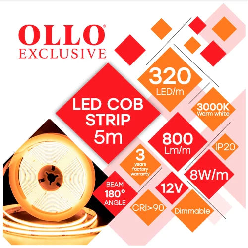 LED-nauha COB 3000K, IP20, 12V, 8W
