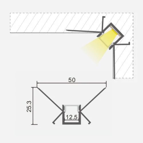 Sisänurkka anodisoitu alumiiniprofiili LED-nauhalle HB-50X25.3