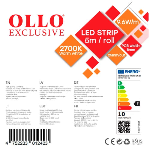 LED-nauha 2835, 2700K, IP20, 12V, 9.6W..5m.pakkaus