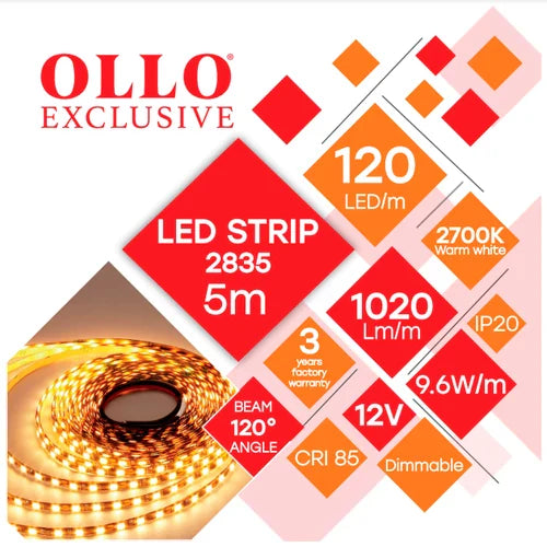 LED-nauha 2835, 2700K, IP20, 12V, 9.6W