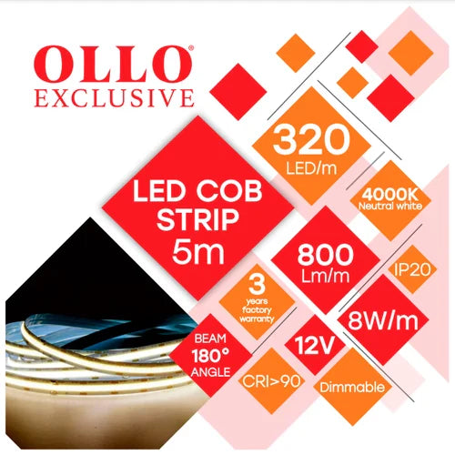 LED-nauha COB 4000K, IP20, 12V, 8W