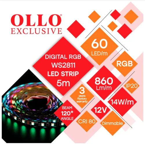 Osoite LED-nauha WS2811, digitaalinen RGB, IP20, 12V, 14W