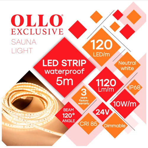 LED-nauha saunalle ja kylpylälle 2835, 4000K, IP68, 24V, 10W