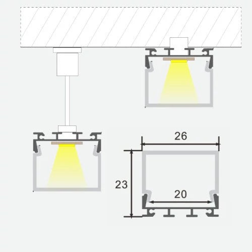 Anodisoitu korkean alumiiniprofiili 1-2 LED-nauhoille HB-26X23