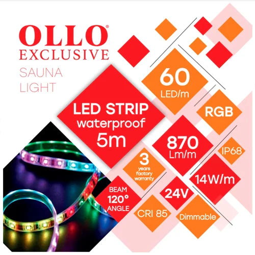 LED-nauha saunaan ja kylpyhuoneeseen 2835, RGB, IP68, 24V, 14W