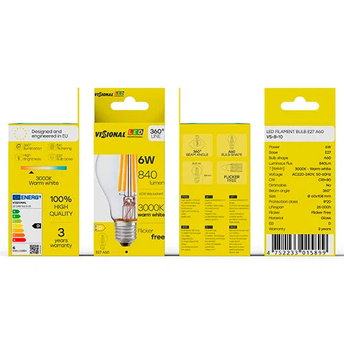 LED Filamenttivalo E27, A60, 6W, 840lm, 3000K, 360°