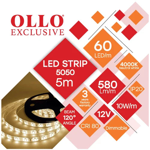 LED-nauha SMD5050, 4000K, IP20, 12V, 10W/m, 580Lm/m