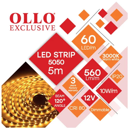 LED-nauha SMD5050, 3000K, IP20, 12V, 10W/m, 560Lm/m