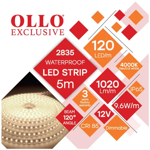 LED-nauha SMD2835, 4000K, IP65, 12V, 9.6W/m, 1020Lm/m