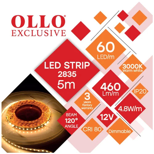 LED-nauha SMD2835, 3000K, IP20, 12V, 4.8W/m, 460Lm/m