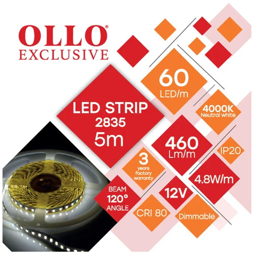 LED-nauha SMD2835, 4000K, IP20, 12V, 4.8W/m, 460Lm/m