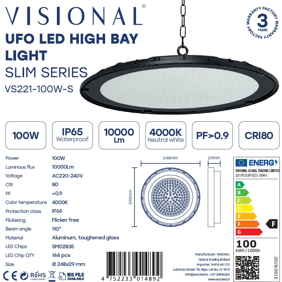 LED teollinen 100W valaisin UFO SLIM 10 000lm, 4000K, IP65