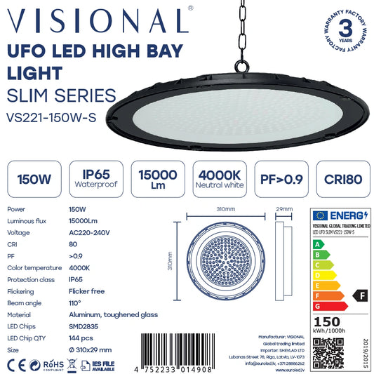 LED teollinen 150W valaisin UFO SLIM 15 000lm, 4000K, IP65