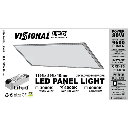 LED-paneeli OSRAM-diodeilla 60x120 cm, 80W, 4000K, Professional+