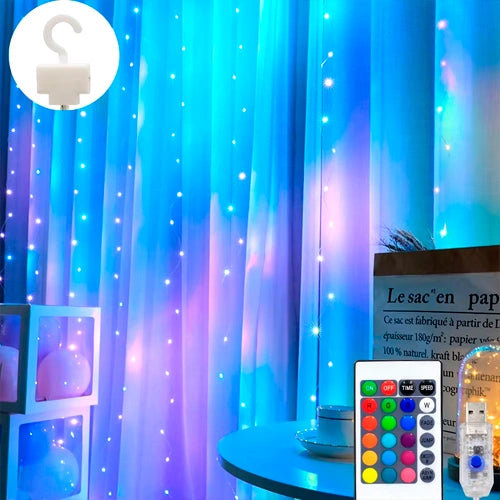 LED-valoverho 3 x 1 m, 100 LED, monivärinen, kaukosäädin, ripustuskoukut, USB 5 V, IP44