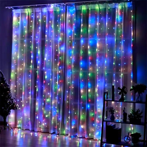 LED-valoverho 3 x 3 m, 300 LED, monivärinen, kaukosäädin, ripustuskoukut, USB 5 V, IP44
