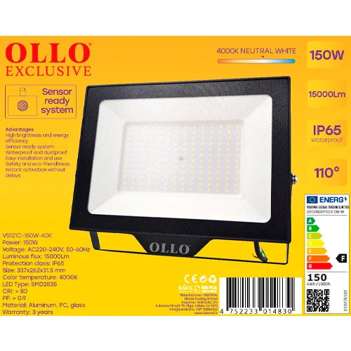 LED Säänkestävä ulkovalaisin 150W, 15 000Lm, 4000K, IP65