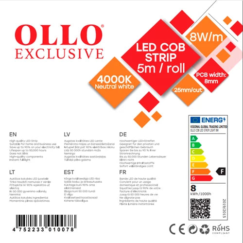 LED-nauha COB 4000K, IP20, 12V, 8W