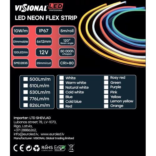 LED Neonauho 12V, sininen, IP67, 5m, 6x12mm, NEON FLEX