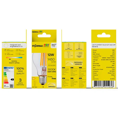 LED Himmennettävä filamenttivalo E27, A60, 12W, 1450lm, 3000K, 360°