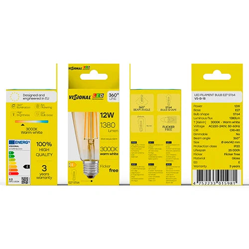 LED Filamenttivalo E27, ST64, 12W, 1380lm, 3000K, 360°, amber