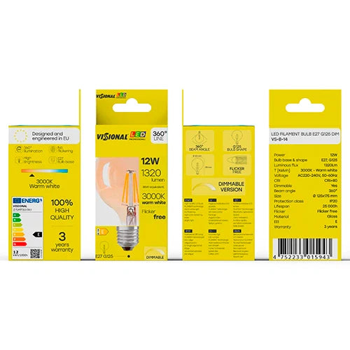 LED Himmennettävä filamenttipolttimo E27, G125, 12W, 1320lm, 3000K, 360°, amber