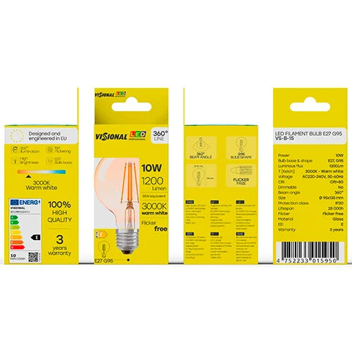 LED Filamenttivalo E27, G95, 10W, 1200lm, 3000K, 360°, amber