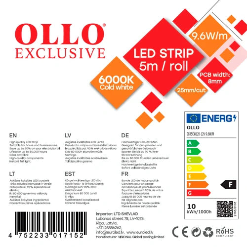 LED-nauha 5m, 9.6 W/m, 6000K, IP20, 12V, SMD2835