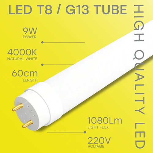 LED-lamppu T8, 60 cm, 9W, 4000K, 1080Lm, IP20