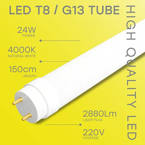 LED-lamppu T8, 150 cm, 24W, 4000K, 2880Lm, IP20