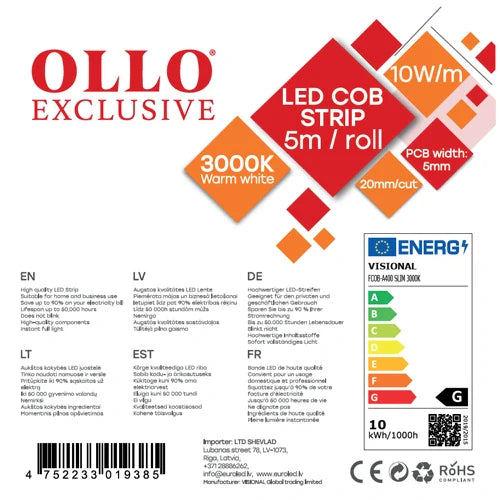 LED-nauha COB SLIM, 3000K, IP20, 24V, 10W/m, 867Lm/m