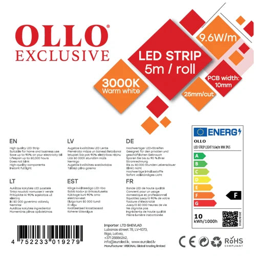 LED-nauha SMD2835, 3000K, IP65, 12V, 9.6W/m, 1020Lm/m