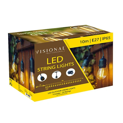 LED ulkoilma 10m valosarja puutarhaan ja terasseille E27 lamppuille, 20 lampunpidikettä, väli 50 cm