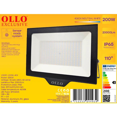 LED Säänestävä ulkovalaisin 200W, 20 000Lm, 4000K, IP65